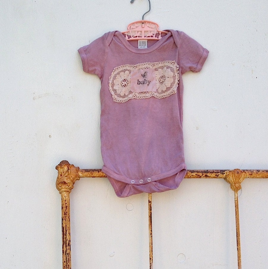 sweetest plum lilac violet hand dyed bird brand new bamboo handmade Baby Lace Onesie shower gift