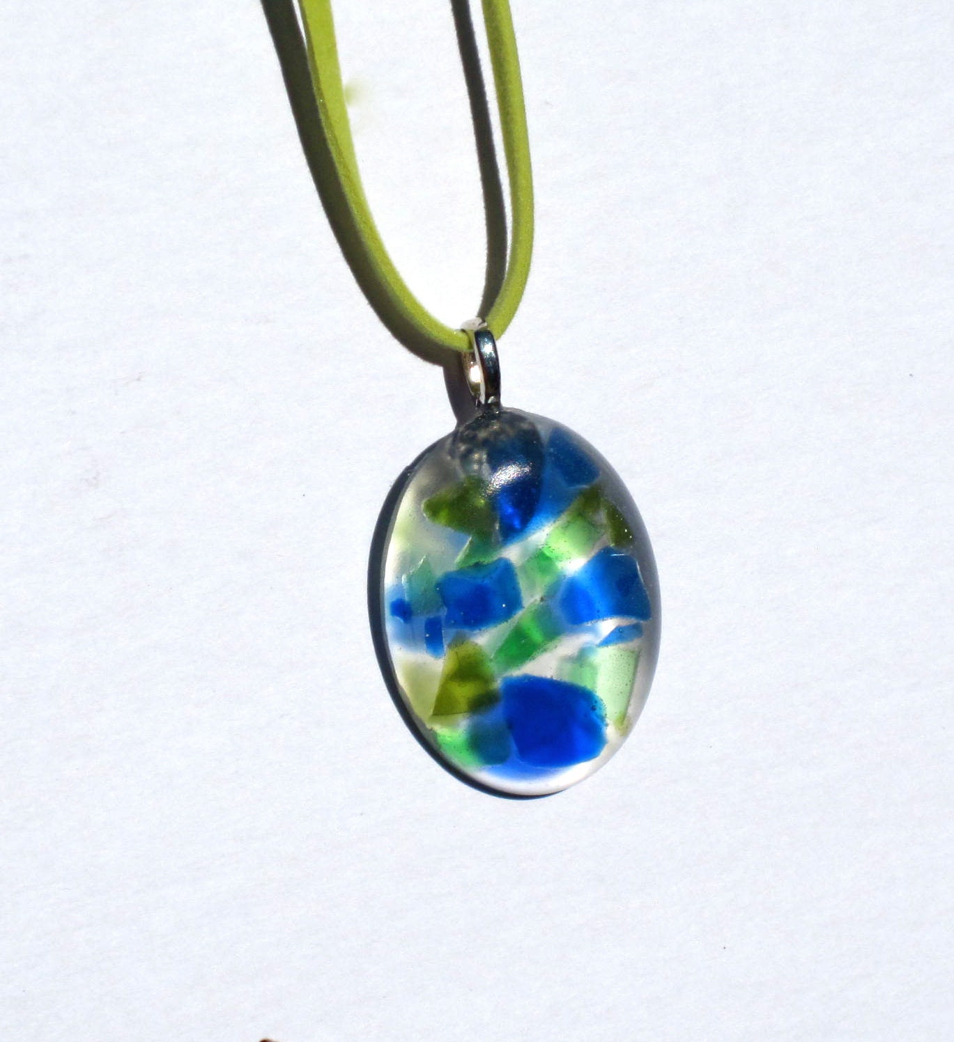 Upcycled / Recycled / Glass / Resin / Blue / Green / Pendant / Silver Bail / Oval