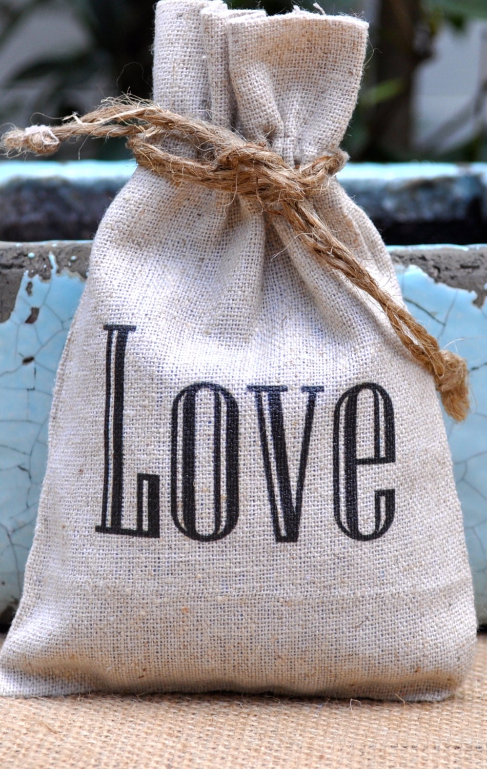 a southern bucket introduces our wedding favor bags..."love" typography.  SET OF  50 linen drawstring bags size 4x6