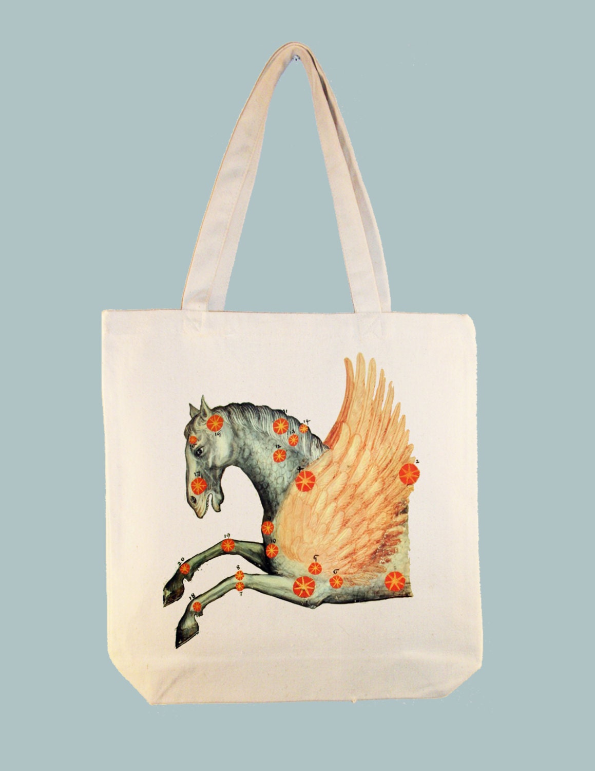 Vintage Pegasus Constellation Illustration on 15x15 Canvas Tote with Shoulder Strap - other sizes available