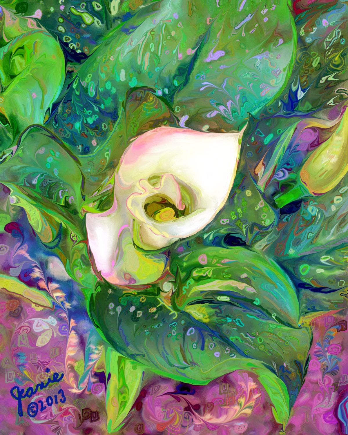 Calla Lily white with leaves of green, blue, yellow.