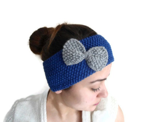 warm knit headband, Bow Headband ,Ear warmer, knitting, gift, winter trend ,fashion, Christmas, Blue and Gray