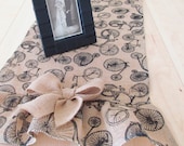 Vintage Bicycle Printed Burlap Ruffled Table Runner with Bows  Shabby Chic Tablecloth 7 Feet Long