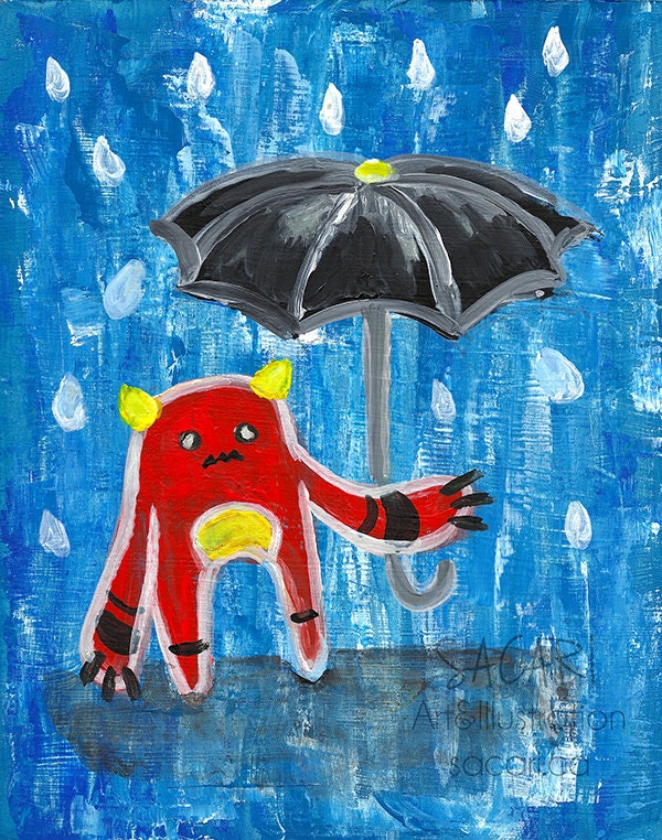 Monster in the Rain Umbrella Acrylic Painting Original Art 8x10
