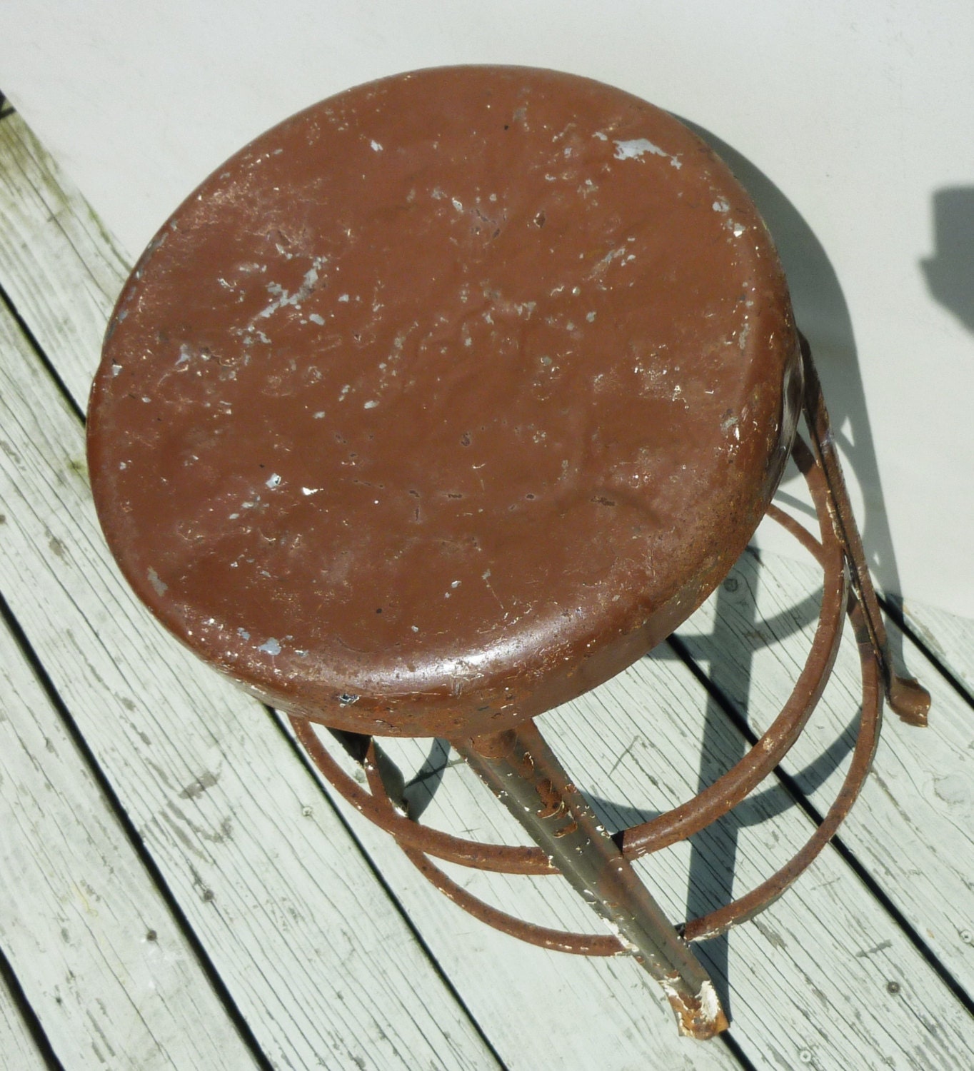 chippy paint vintage steel foot stool old brown paint crusty rusty