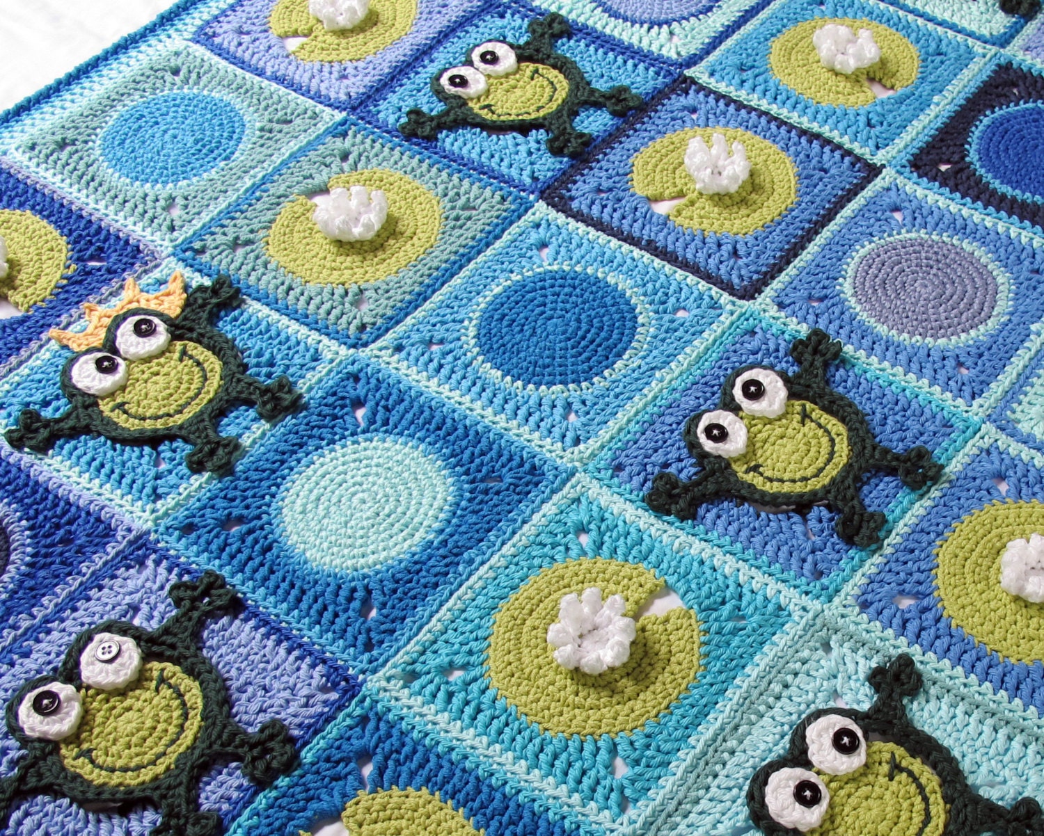 CROCHET PATTERN - Frog Frenzy - a Toadally Hoppy Frog blanket with lily pads - Instant PDF Download