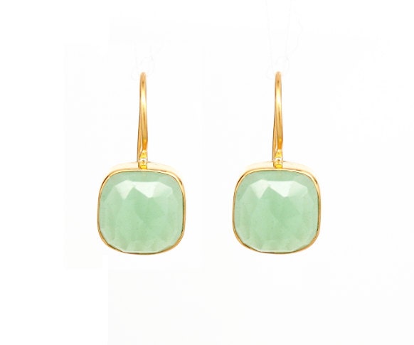 22k Gold Vermeil Green Chalcedony Gemstone Square Cut Drop Earrings - Gift for Her