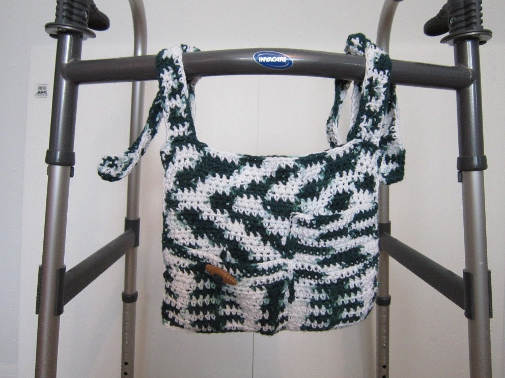 Crocheted Walker Bag Green White Tote Caddy by crochetrendezvous