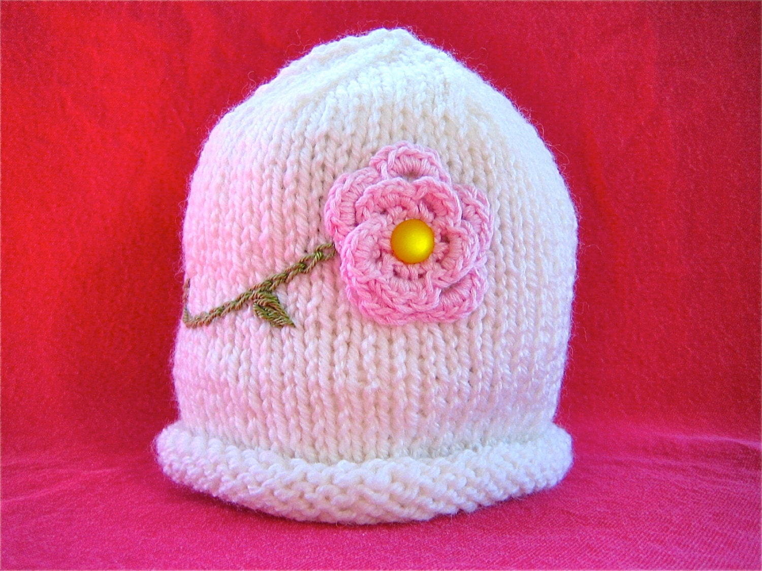 Newborn Girl's Knit Hat with Light Pink Flower, Original Design, Ready to Ship, Sweetness
