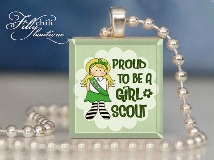 Proud to be a girl scout - a pendant charm made from a Scrabble Game Tile game piece with Ball Chain Necklace