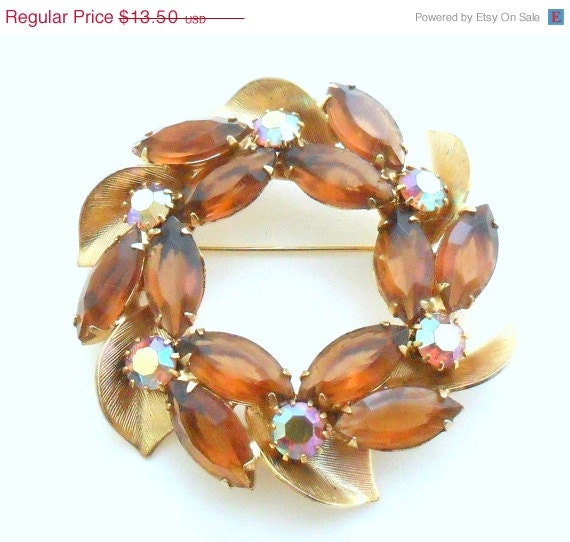 Rhinestone Wreath Circle Brooch with Topaz and AB Rhinestones