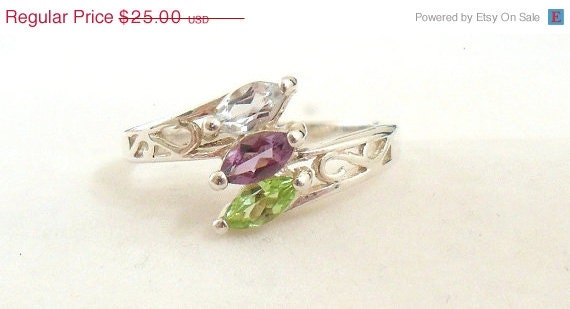 Sterling Silver 3 Stone Ring, Marquise Cut, Size 9 Purple Green Blue