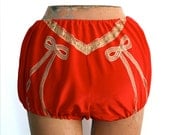 Lingerie Silk Bloomers Panties Lace Shorts / Poppy Red Ivory Antelope Bow Vintage Jacquard / Large - Eugenie Bloomers