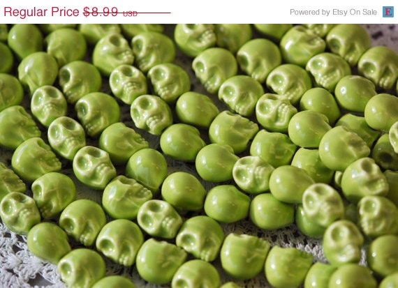 SALE 53% OFF 1 Strand Apple Green SUGAR Skulls Ceramic Porcelain Beads . 1 long strand . approx 24 beads . carved