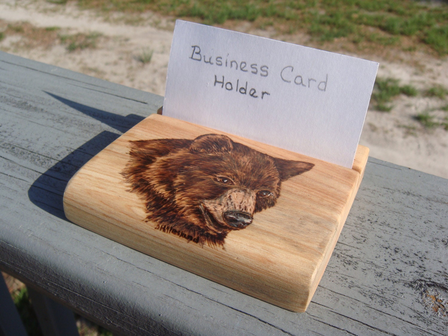 handmade wood burned cypress  Business Card Holder  brown bear