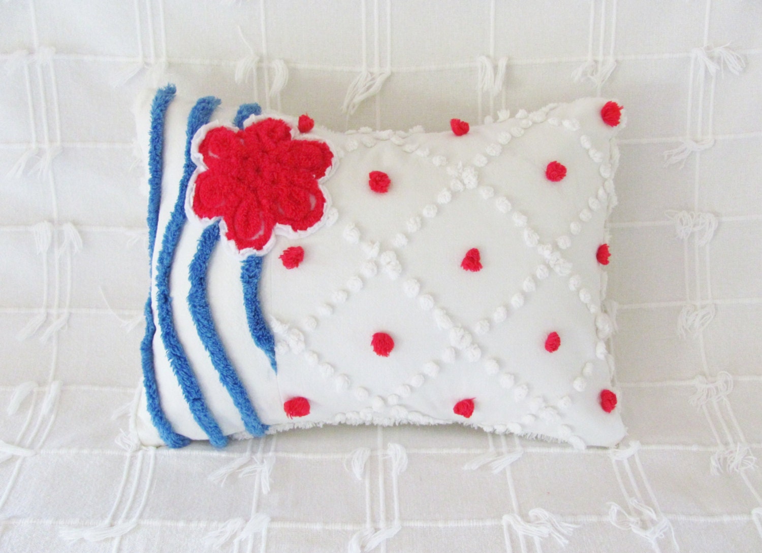 FOURTH OF JULY red pillow cover 12 X 16 patriotic blue chenille cushion cover white cottage style nautical beach