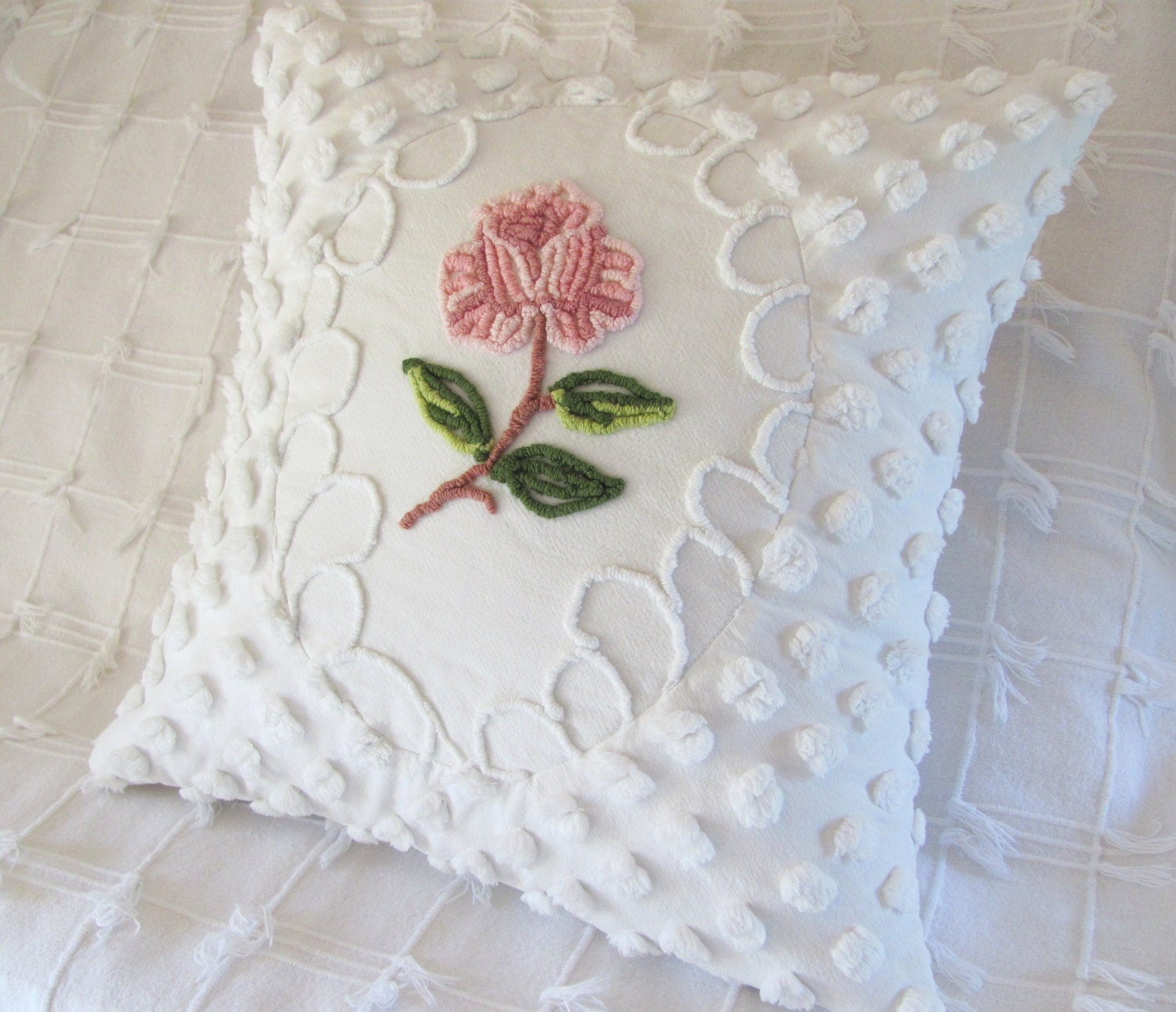 chenille pillow cover ONE ROSE vintage pink chenille cushion cover cottage chic