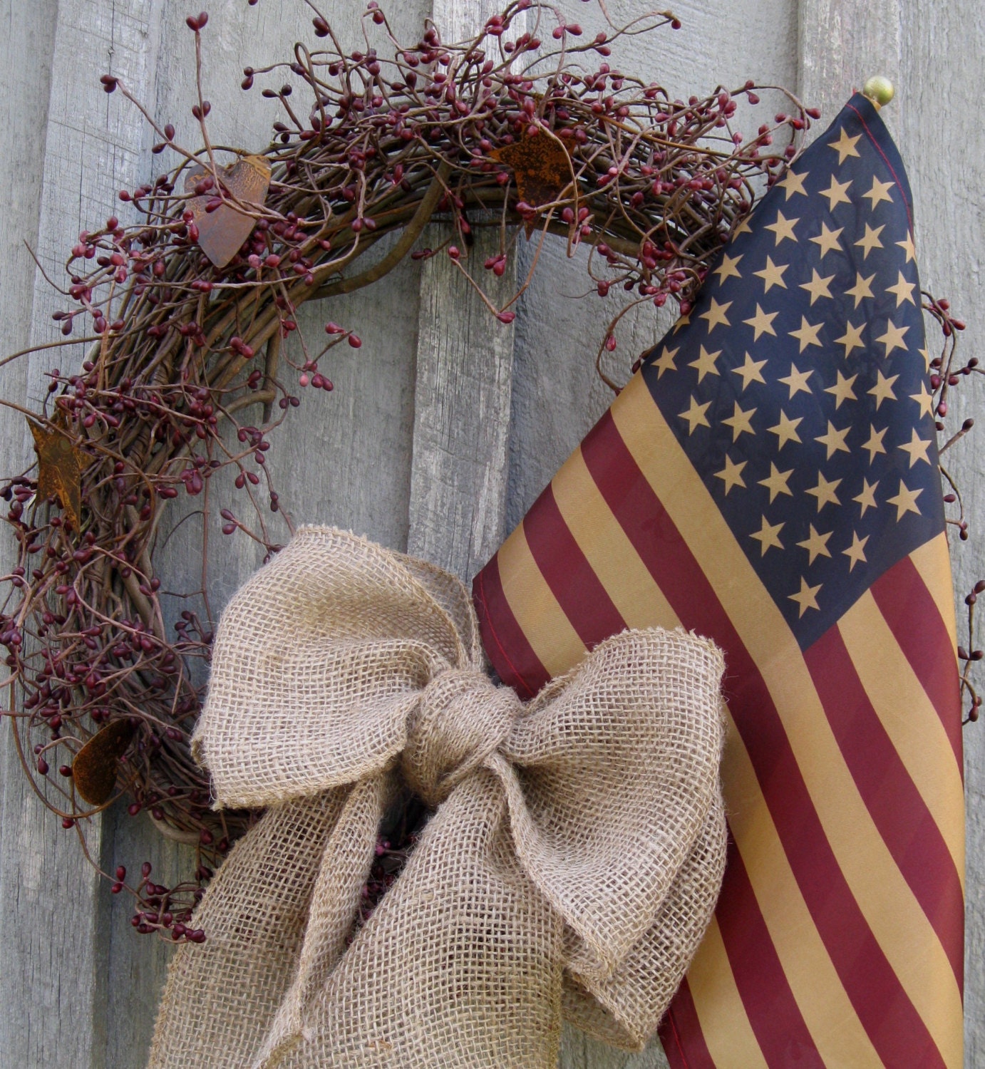 Americana Wreath, Patriotic, Fourth of July Wreath, Rustic, Primitive,Tea Stained Flag Wreath