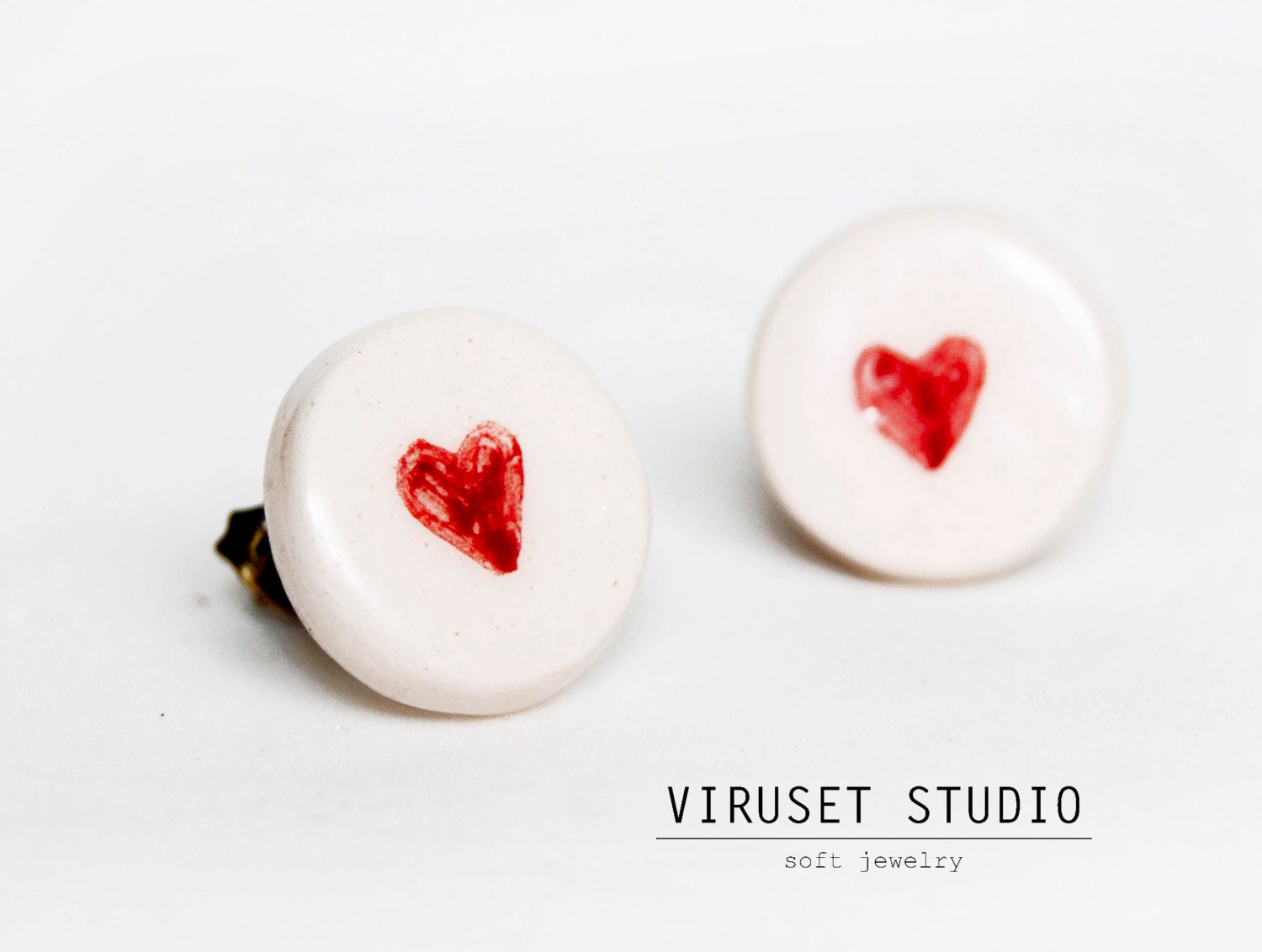 Ceramic studs post earrings hearts red & white  ecofriendly jewelry, button ceramic earrings, scandinavian desig by Viruset