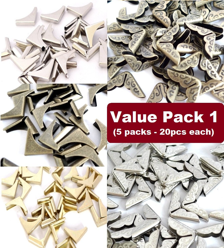 100 Metal Book Corners Value Pack 1 - 5 designs/ colors - Bookbinding - Scrapbooking - Photo Album - Diary - Journal