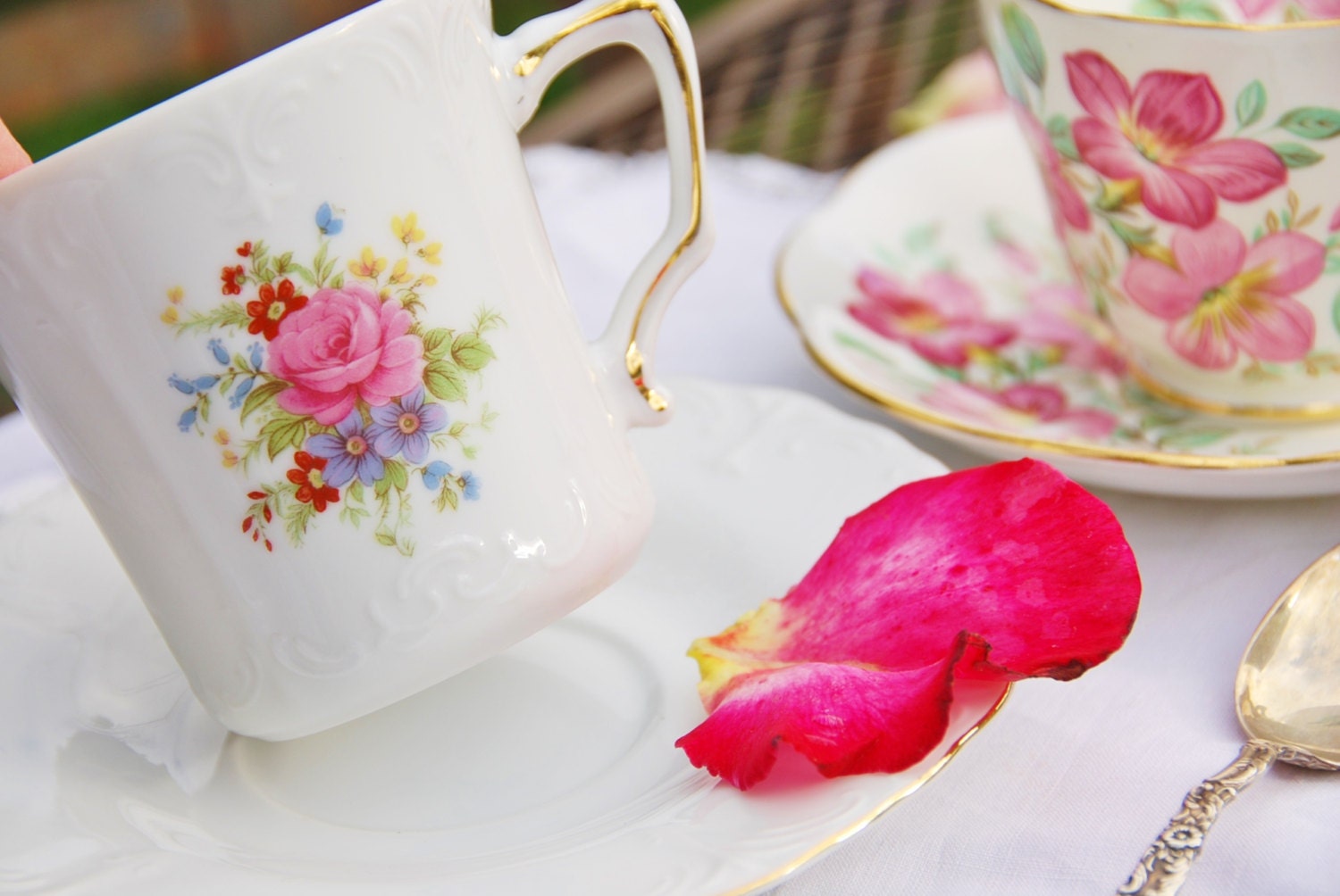 Delicate Winrose Tea Cup and Saucer, White Embossed, Pink Rose Spray, USA