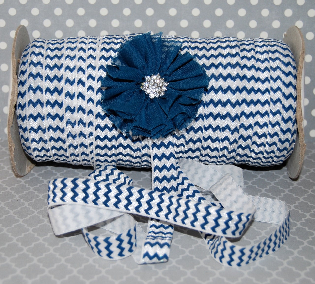 Navy  FOE - Chevron Fold Over Elastic - 5 yds - Shiny FOE 5/8" inch  Baby Headbands Hair Ties Satin Elastic Soft -  Elastic  FOE print