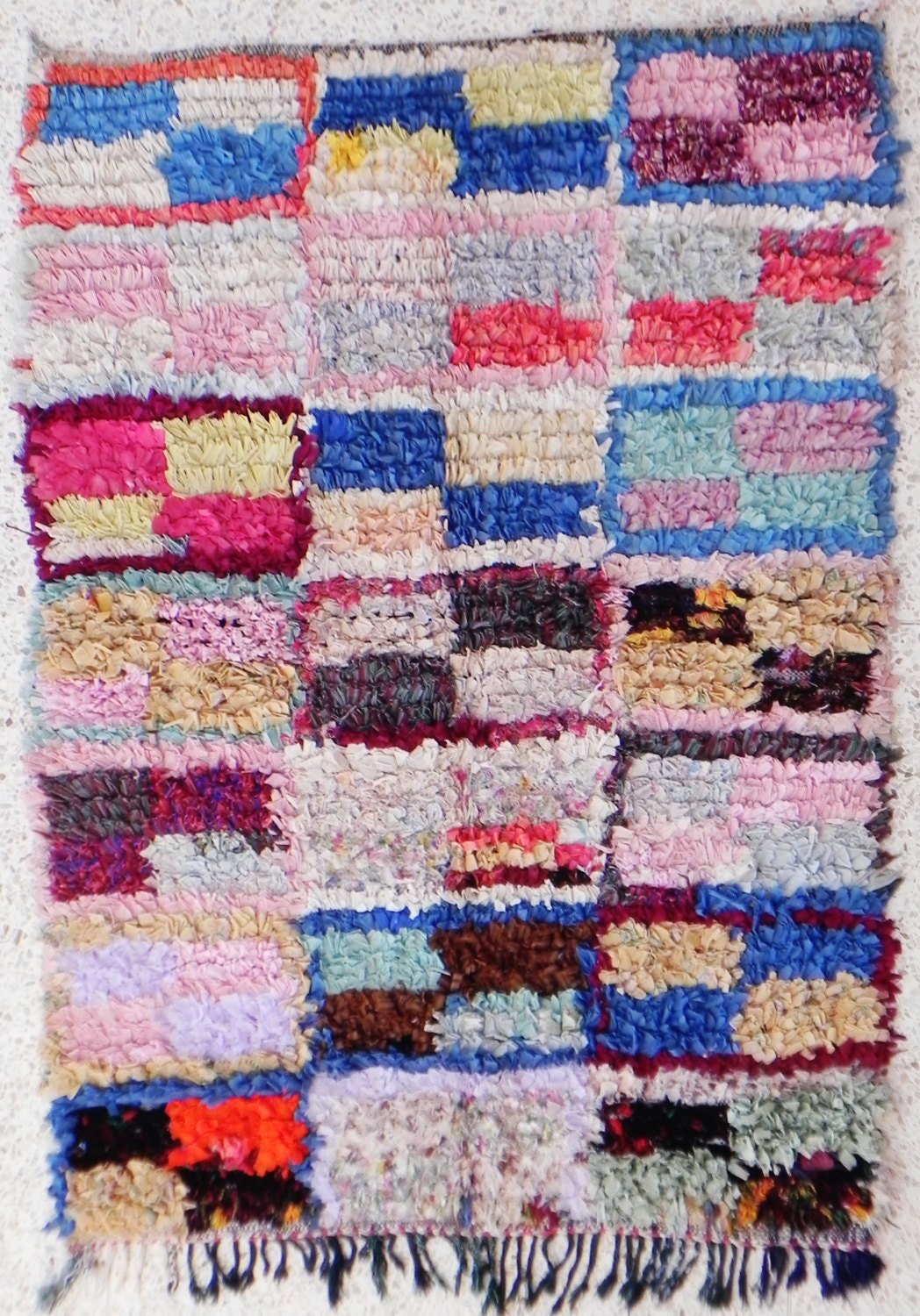 RAG  RUG BOUCHEROUITE from Morocco called also boucharouette berber tribal art, moroccan rag rug