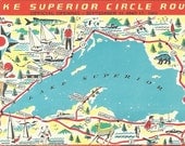 Vintage Postcard Lake Superior Circle Route -  Map - 1960s