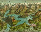 Antique Postcard Vier Waldstatter Switzerland - 1920s Topographic Map of Swiss Mountains