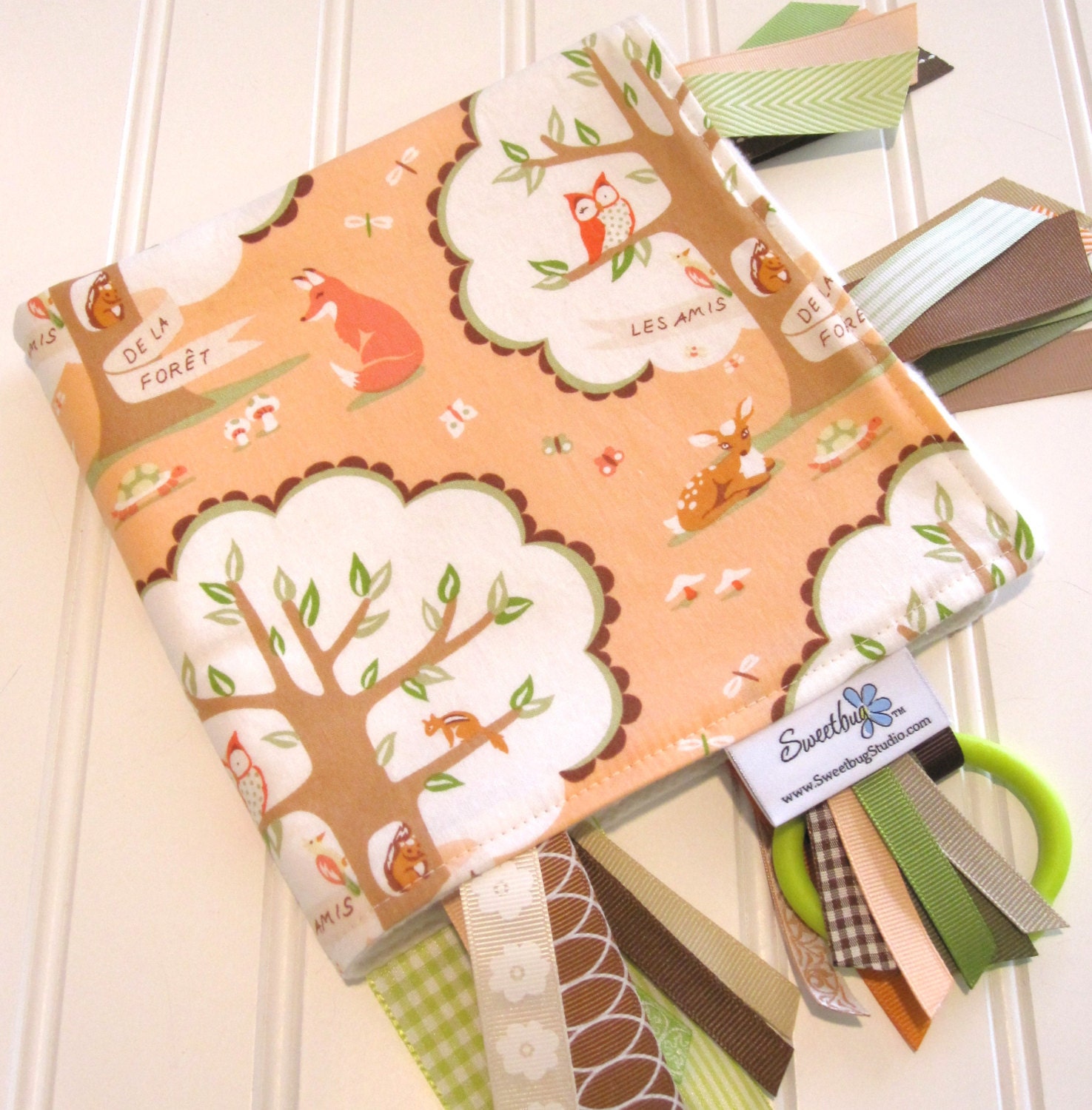 Sensory Ribbon Blanket,Lovey,Tag Blanket/Les Amis in Peach/Organic Cotton Fleece