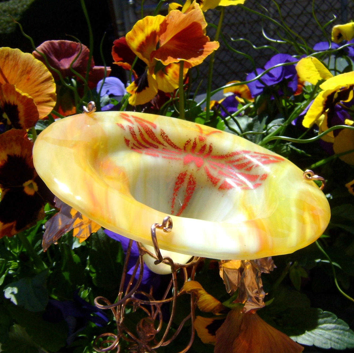 Dragonfly, Butterfly, BIRD FEEDER, stained glass, copper garden, Lawn Ornament, Yellow, Orange, Red