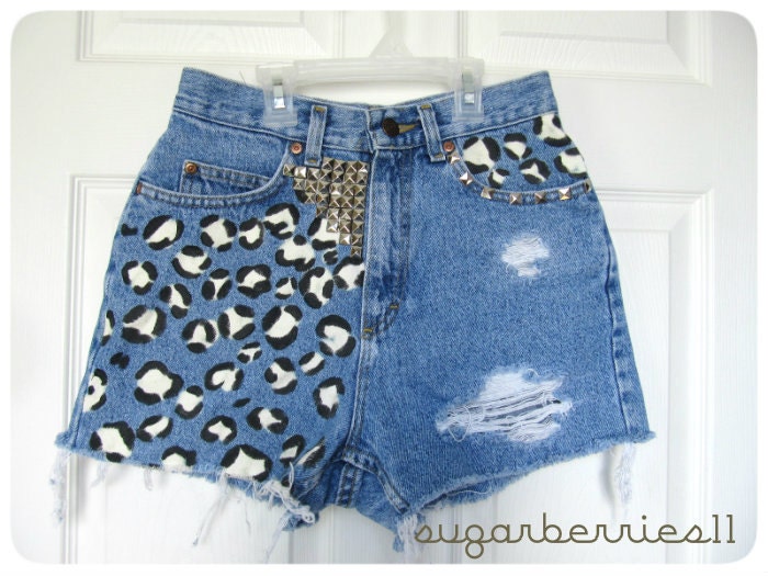 Studded and Distressed Leopard Print Cut off Shorts - Waist  24" - 25"