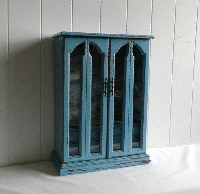 Hand Painted Jewelry Armoire - Beach Cottage Chic Jewelry Box - Upcycled Vintage Jewelry Box