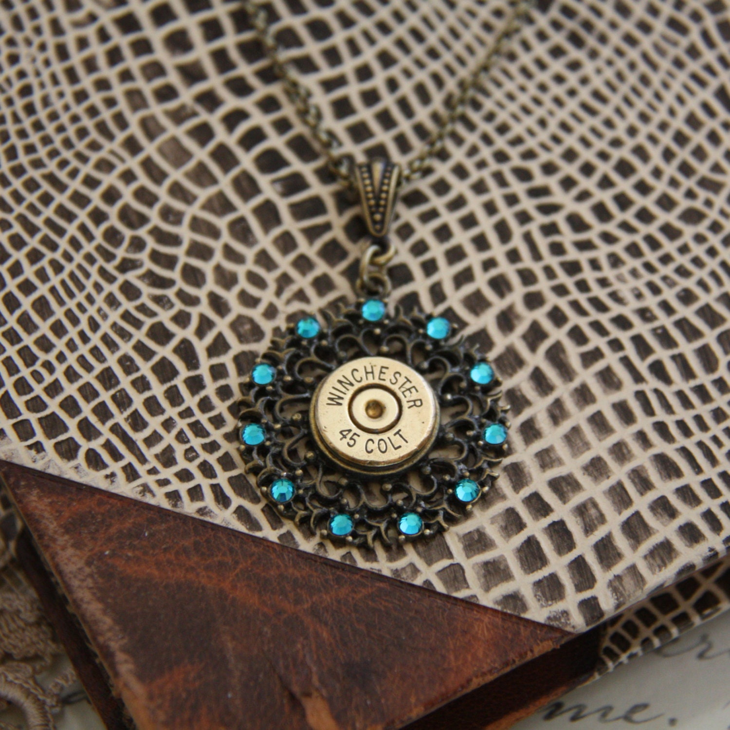 Bullet Jewelry-Winchester 45 Colt- Swarovski Pendant-Spent Casings- Brass Ammo-Caliber Jewelry