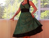 1950s Rockabilly Peacock Dress "Cassandra" with Peacock Feather Print, Black Satin and Lace Trim - Custom made to fit