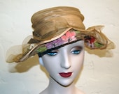 1920s Horsehair Flapper Hat w Flower Appliqué Brim