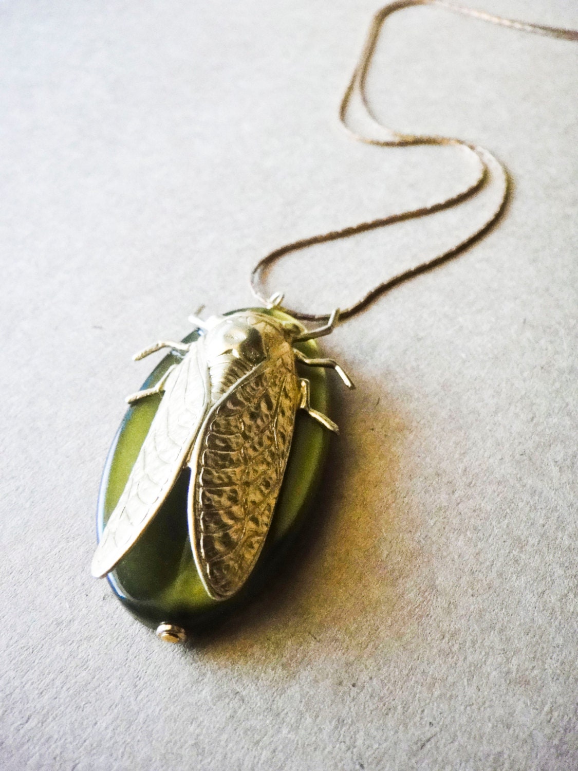 Brass Cicada & Chartreuse Resin Pendant Necklace on Vintage Brass Foxtail Chain