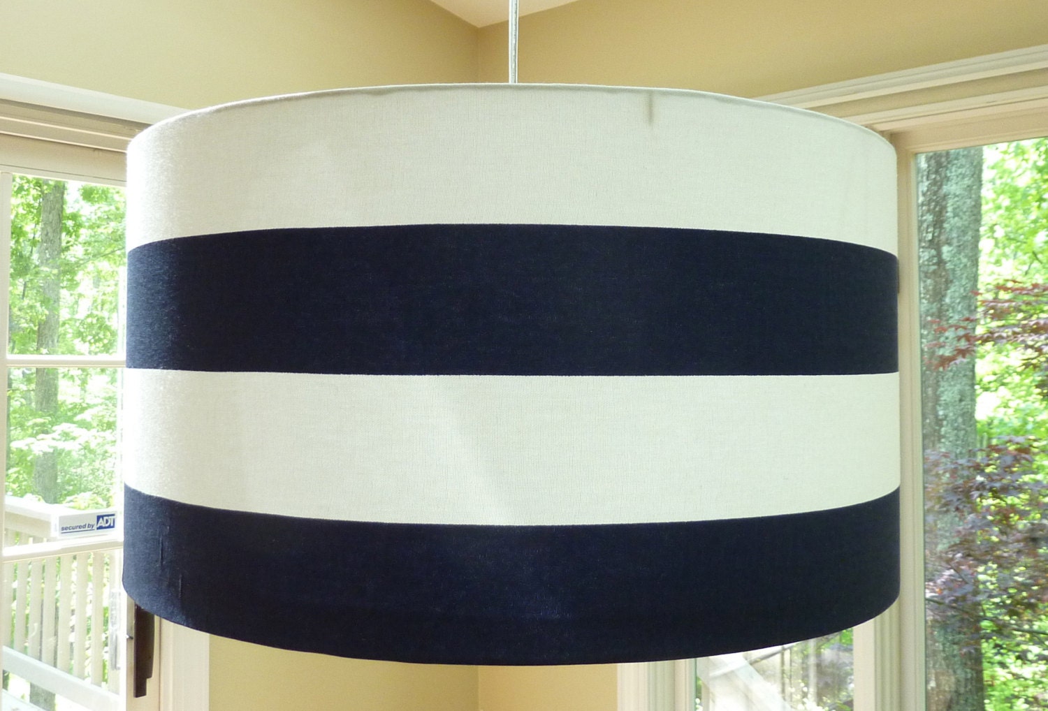 Large Modern Drum Lampshade Pendant Light in Wide Navy Stripe