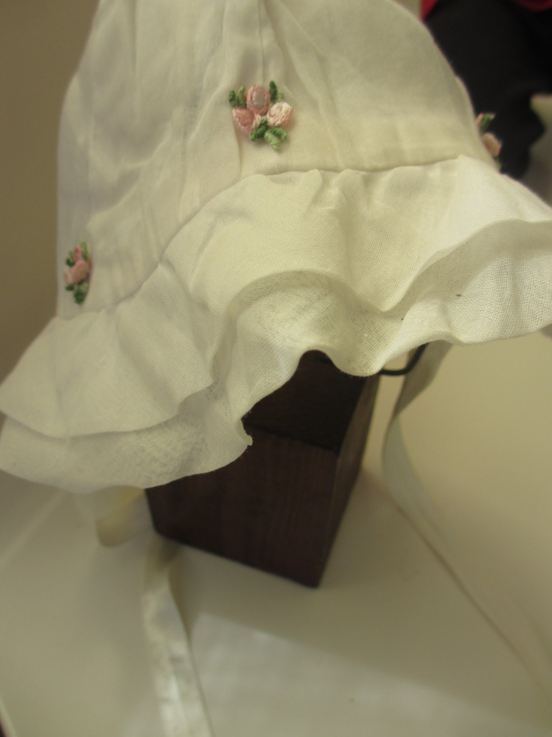 Vintage White Baby Hat Organza with Pink Rosebuds 12 months