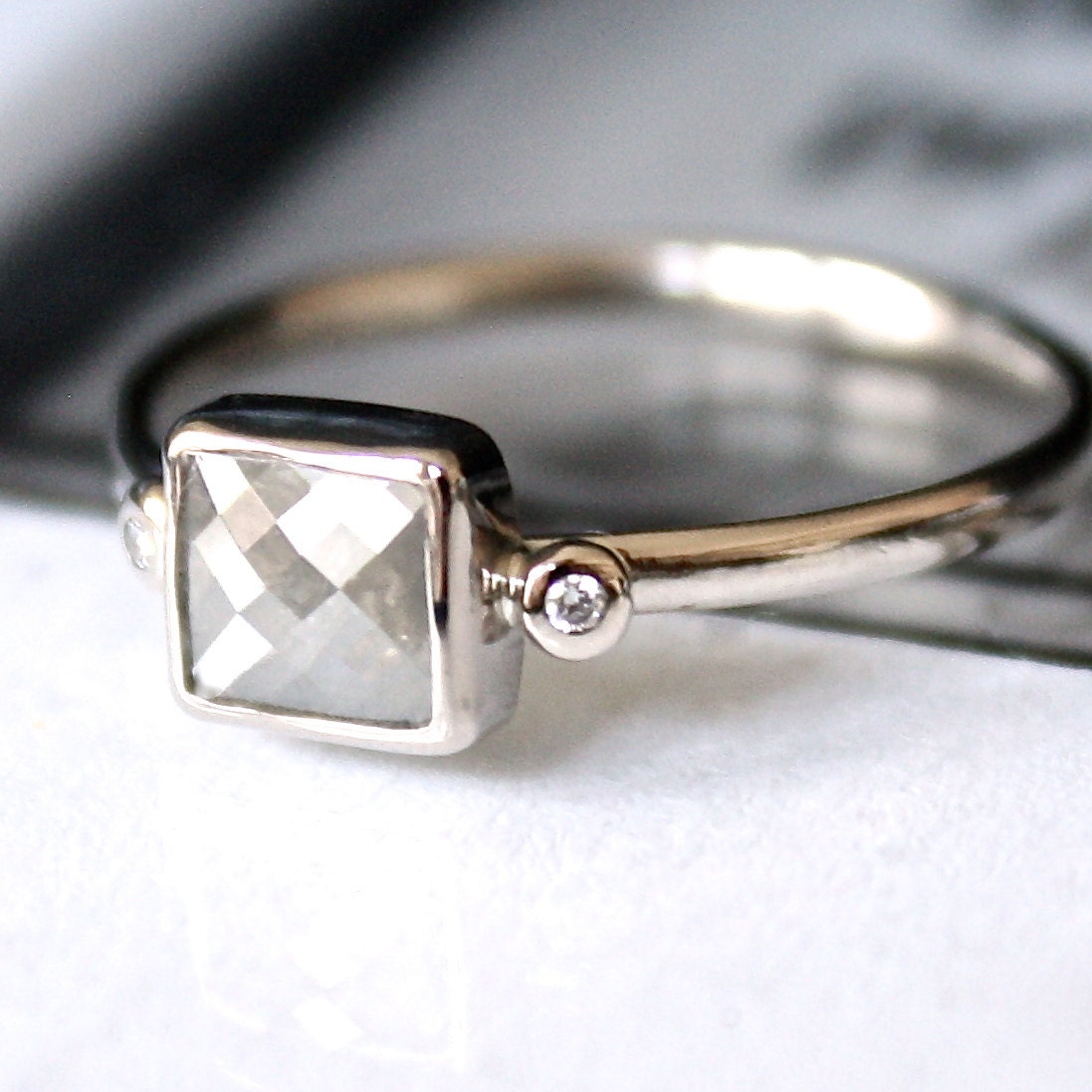 Diamond Ring- Rose Cut Diamond Slice in 14K Gold- Engagement Ring