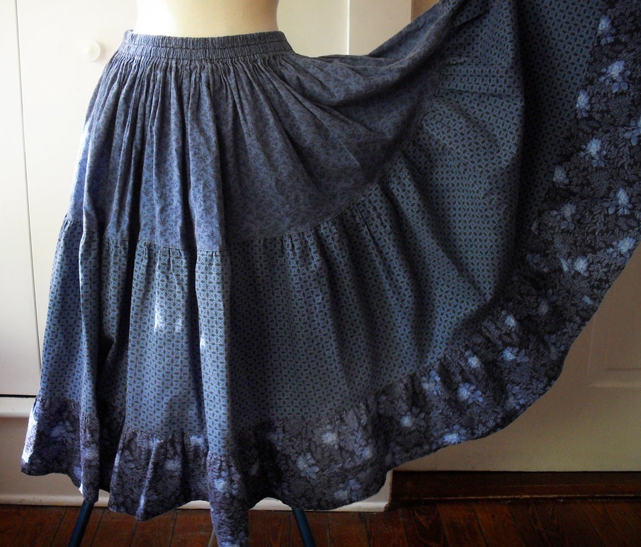 Boho Prairie Skirt Full Hippie Skirt Blue Cotton