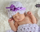 Fuzzy Crochet  Beanie with Ribbon and Blanket Set Photography Prop Newborn 0-3 months 3-6 months
