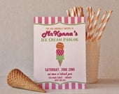 DIY Printable Ice Cream Social Party Invitation Bright Sherber Colors Pink Orange Green Retro Parlor