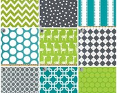 Crib bedding - Turquoise, lime green and Grey