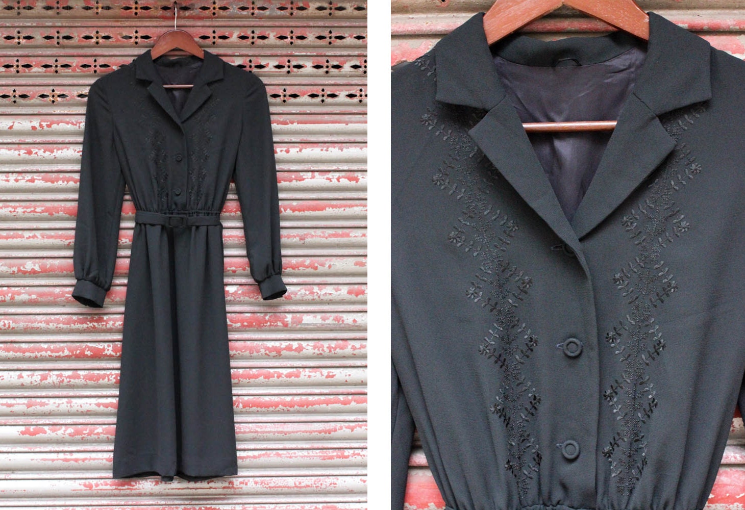Reserved for Martyna...Vintage Black Embroidered Shirt Dress with Belt