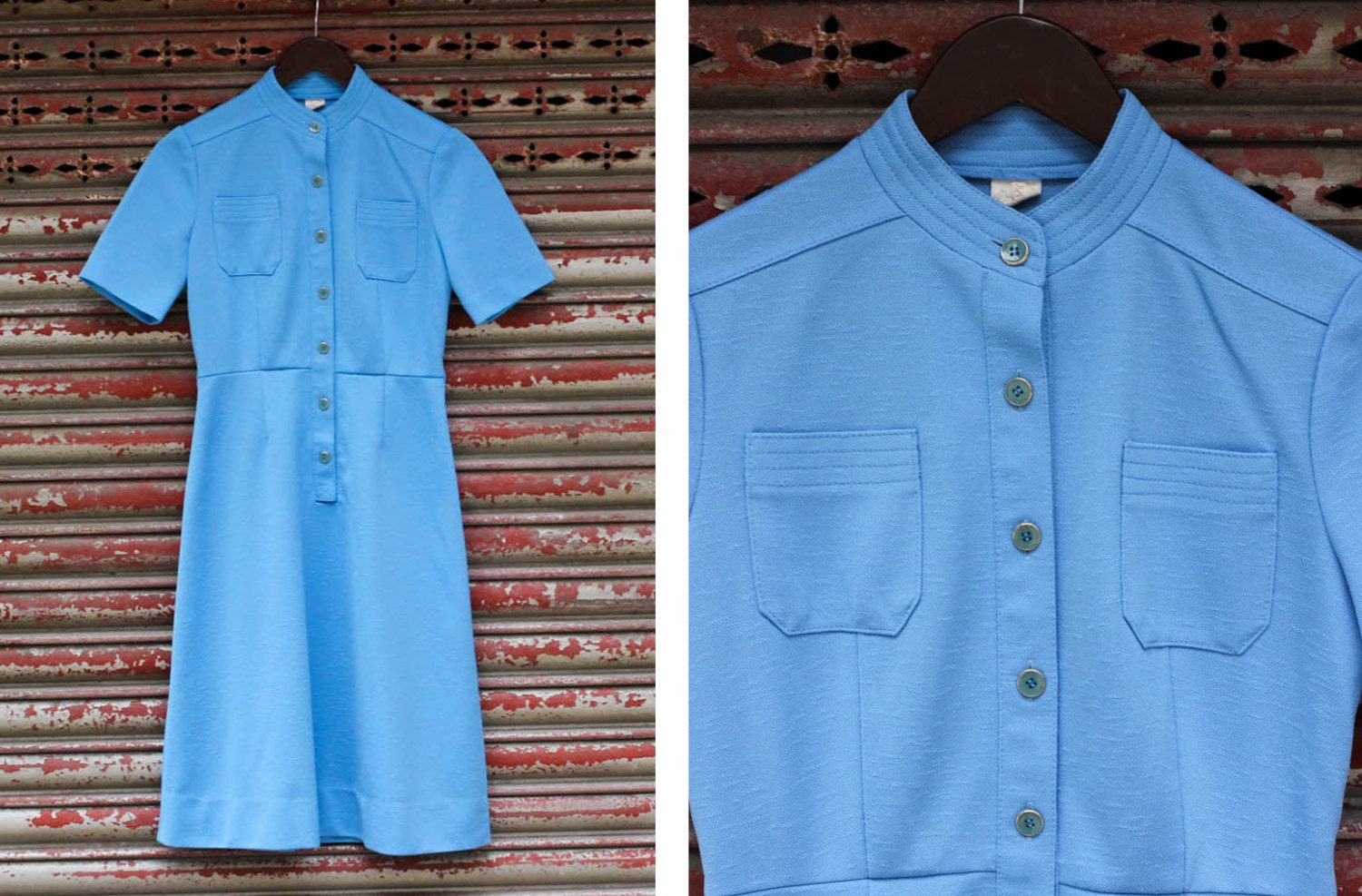 Vintage Cornflower Blue Mandarin Collar Shirt Dress