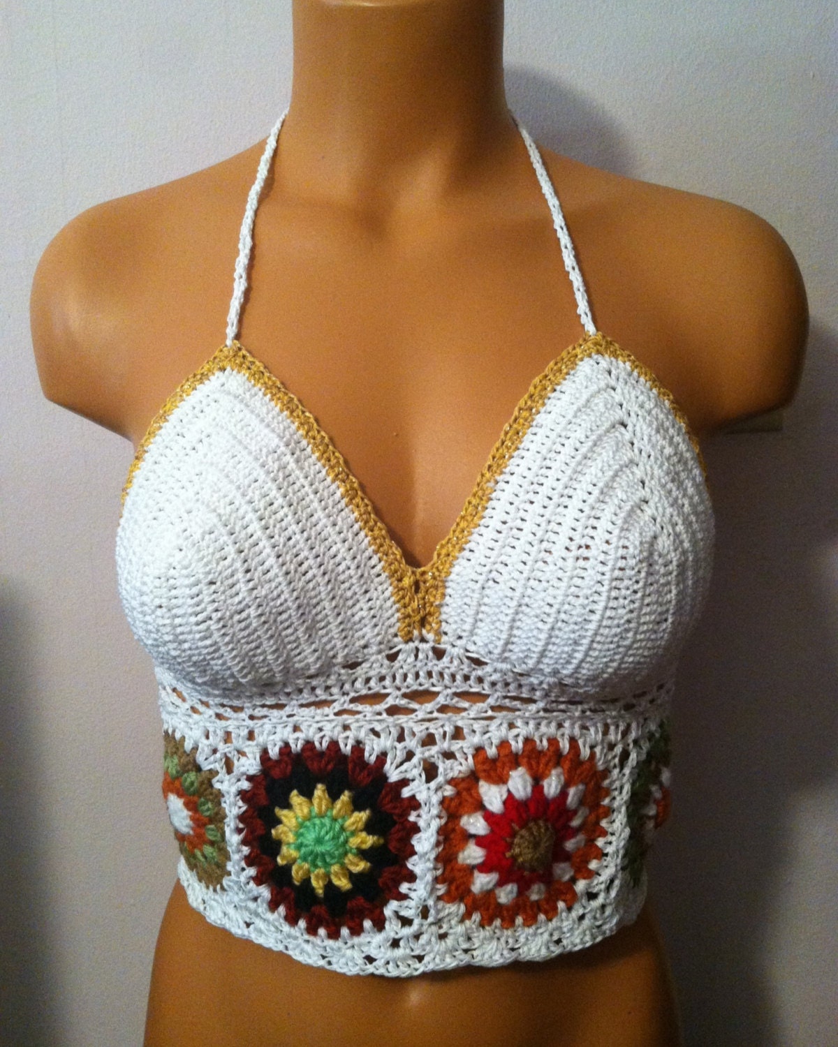 Crochet White Square Festival Halter Top with Gold Metallic edge