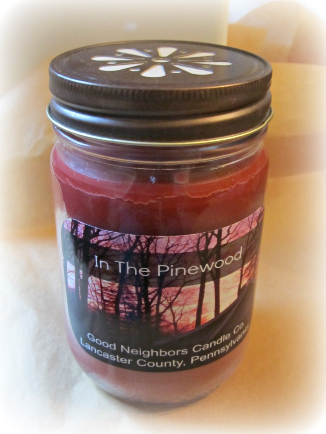 Soy Candle, In the Pinewood, 12 Ounce Jelly Jar, Daisy Cut Lid, Red, Cotton or Hemp Wick