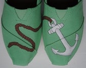 Womens Custom Hand Painted TOMS Anchor Design shoes on Mint Green Canvas