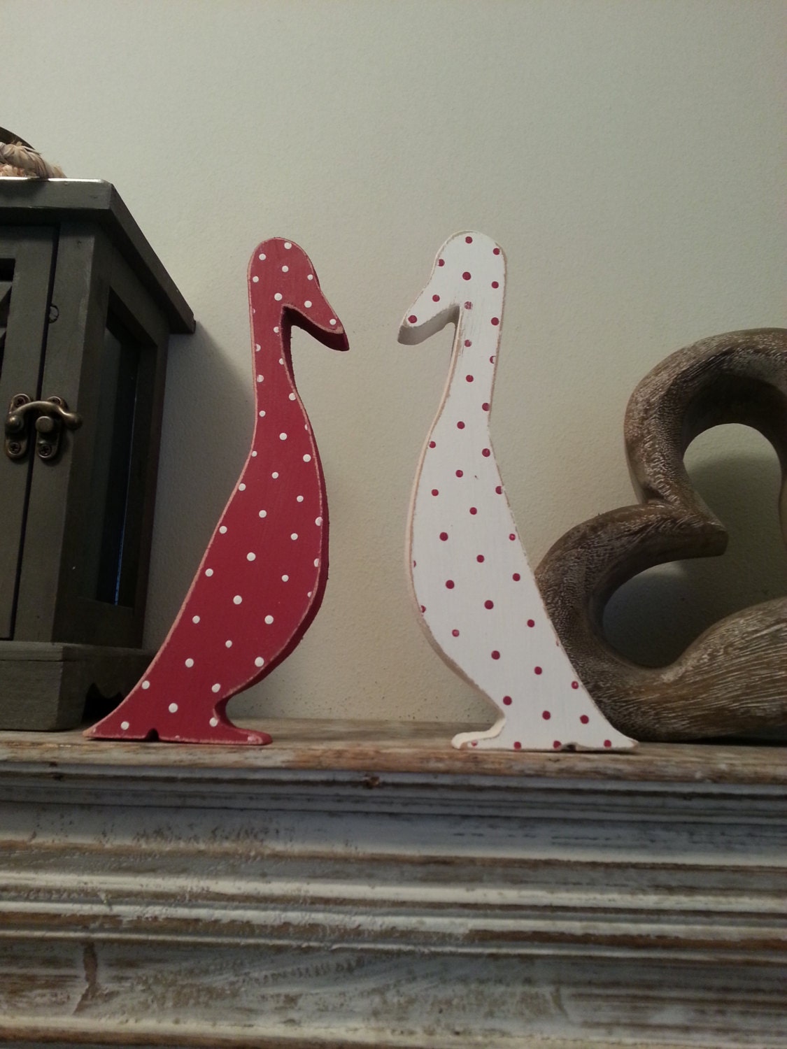 Pair of Freestanding Tall Wooden Duck Geese - 20cm